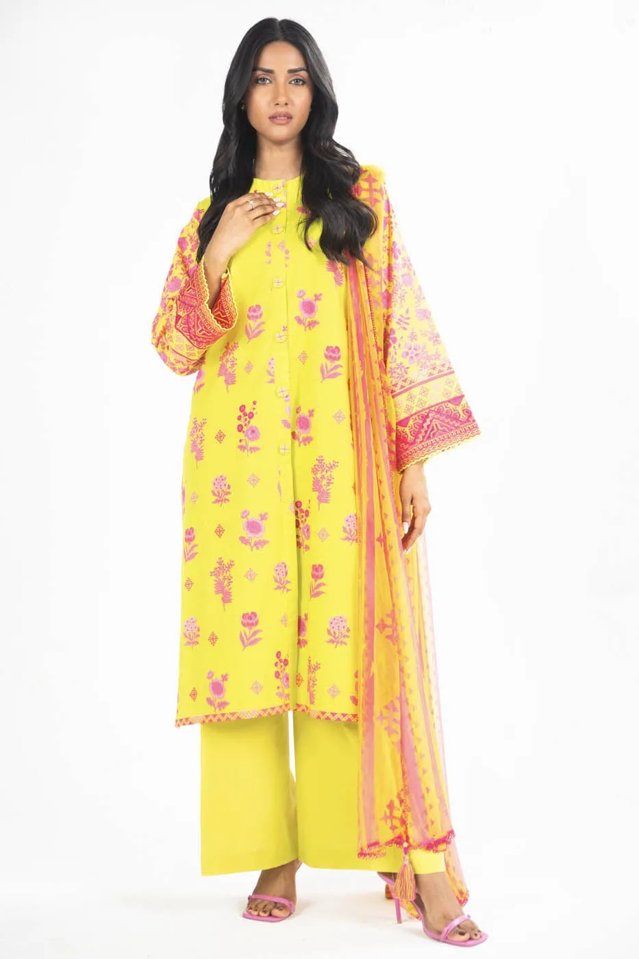 3 Pc Embroidered Lawn Suit With Chiffon Dupatta