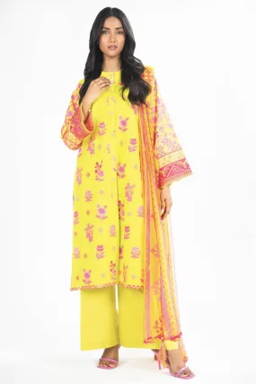 3 Pc Embroidered Lawn Suit With Chiffon Dupatta