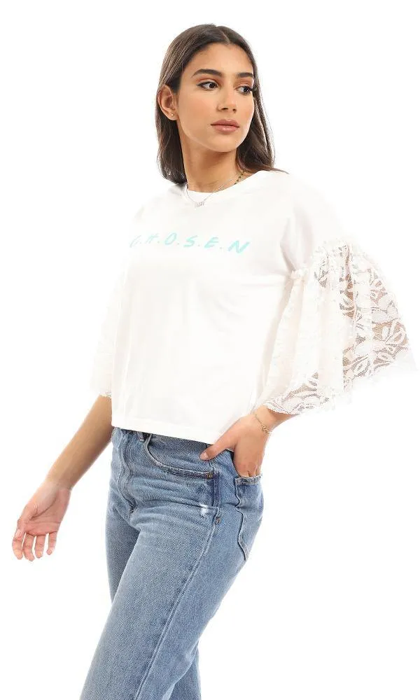 56727 Lace Bell Sleeves Printed T-Shirt - Off White