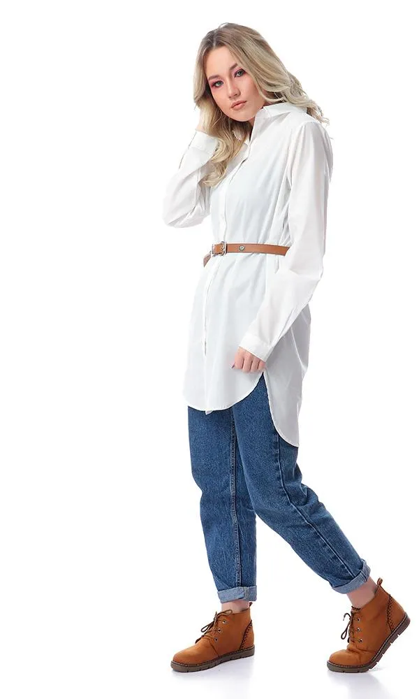 57114 Long Sleeves Off-White Long Shirt With Classic Collar