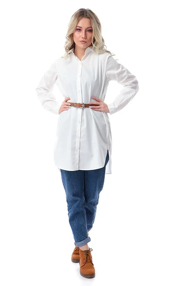 57114 Long Sleeves Off-White Long Shirt With Classic Collar