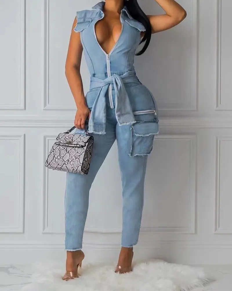 Accordion Pocket Slim Fit Denim Jumpsuit