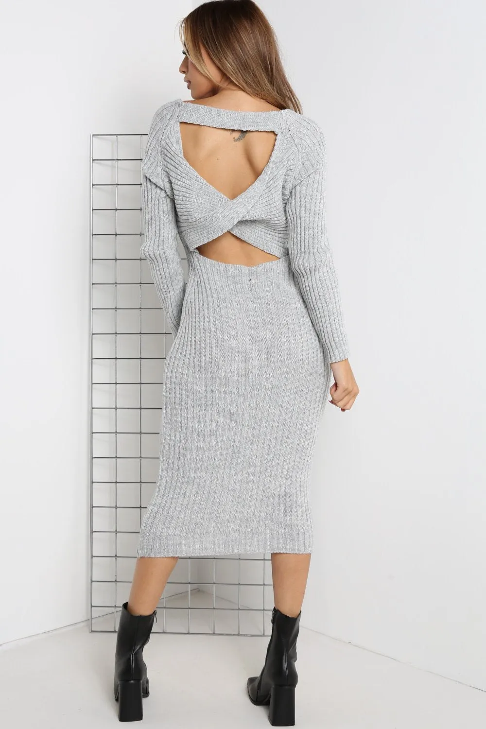 Alannah Grey Ribbed Knitted Cross Back Jumper Dress