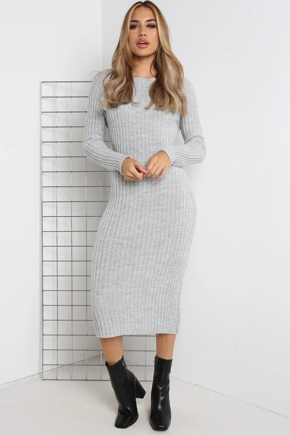 Alannah Grey Ribbed Knitted Cross Back Jumper Dress
