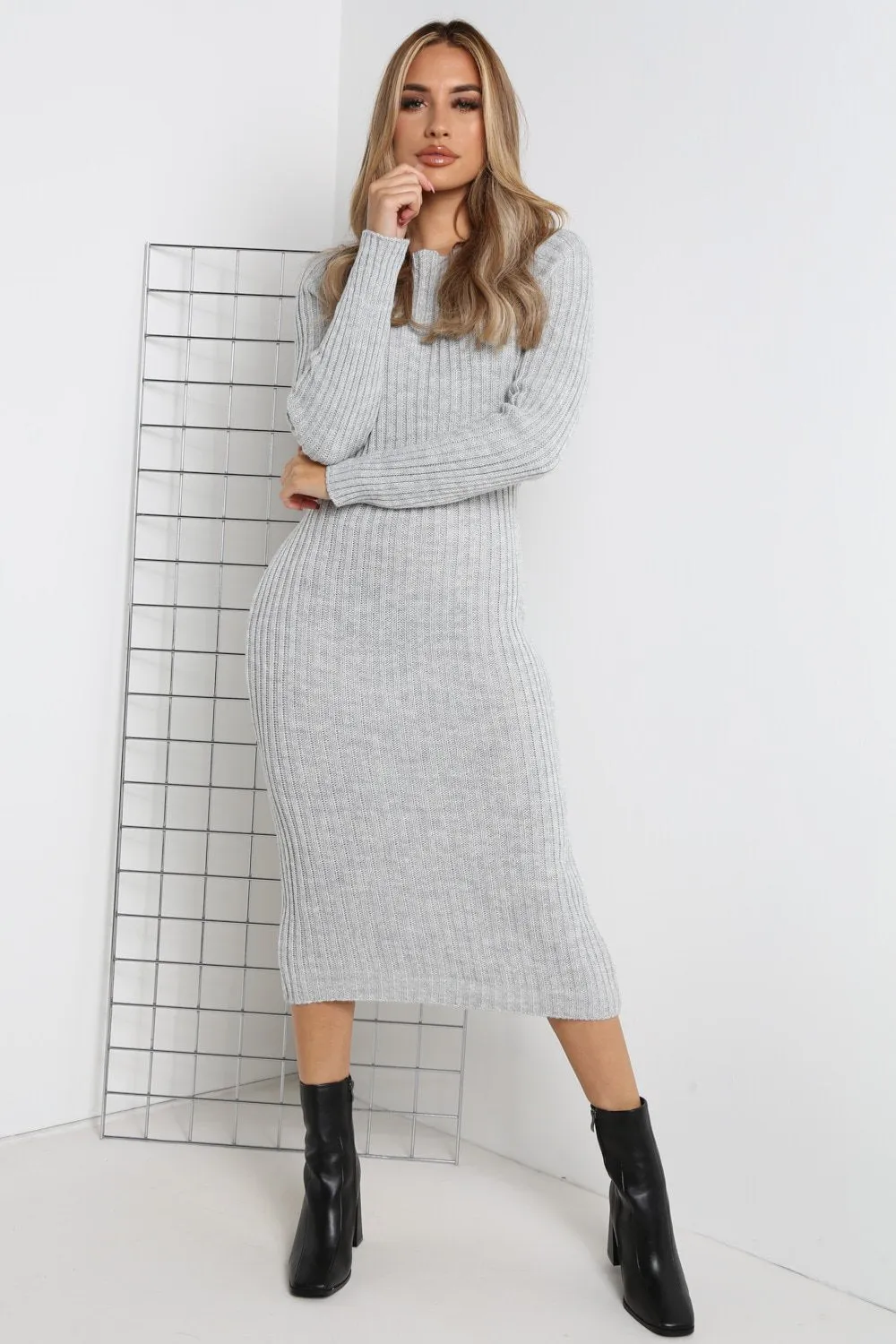 Alannah Grey Ribbed Knitted Cross Back Jumper Dress