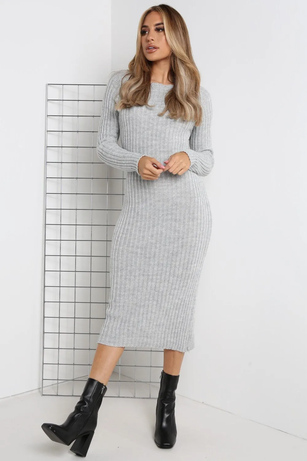 Alannah Grey Ribbed Knitted Cross Back Jumper Dress