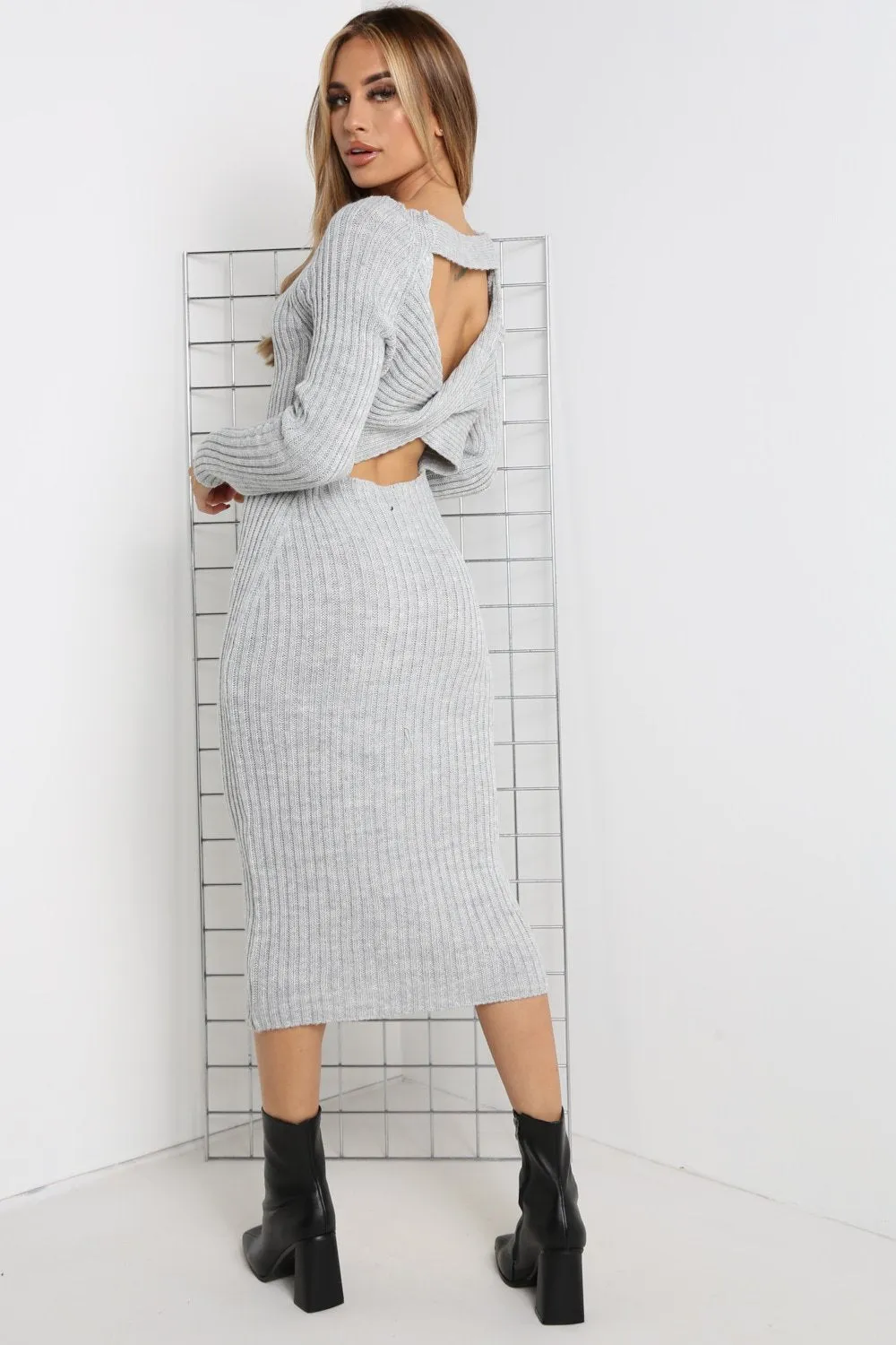 Alannah Grey Ribbed Knitted Cross Back Jumper Dress