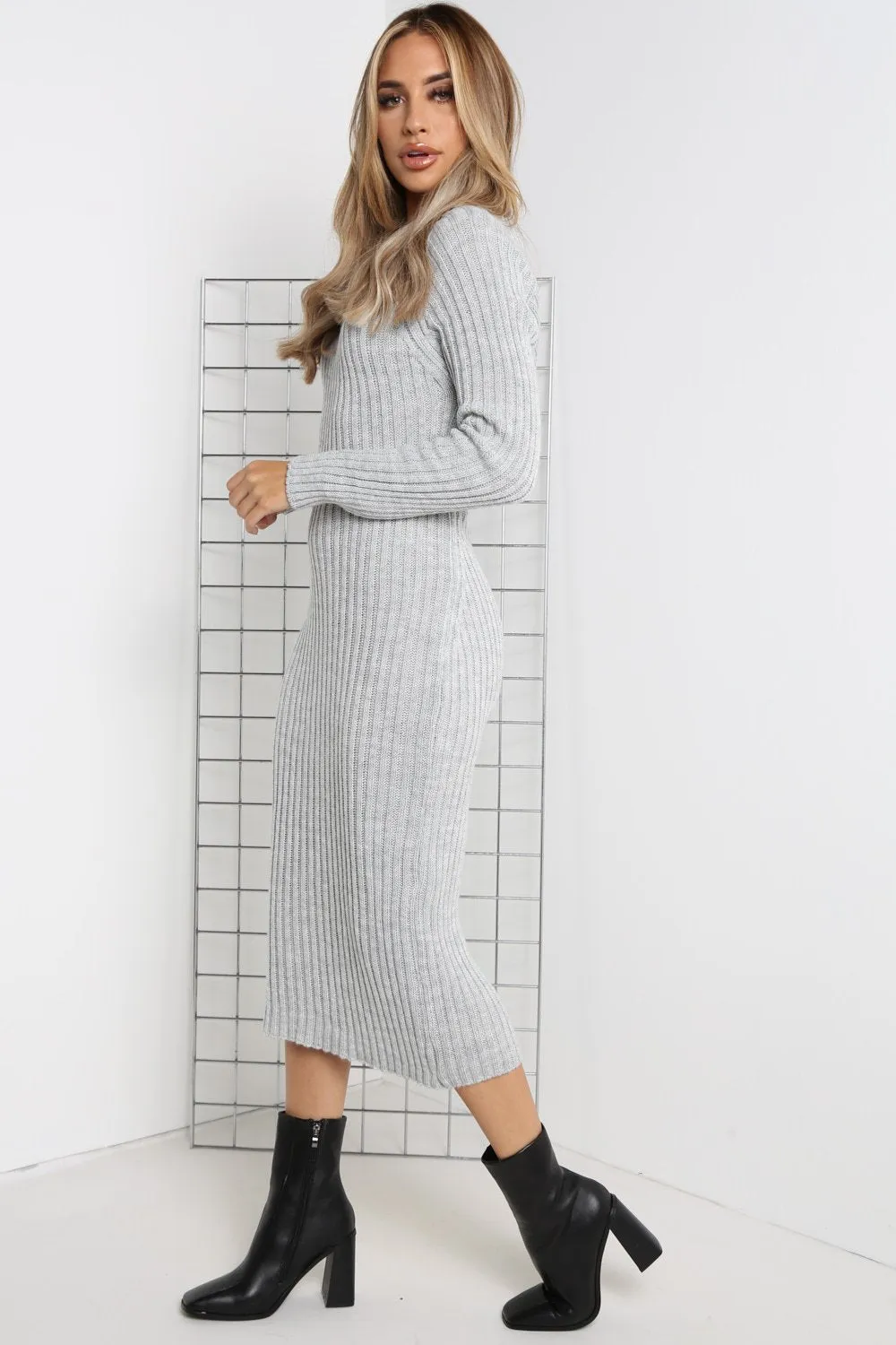Alannah Grey Ribbed Knitted Cross Back Jumper Dress
