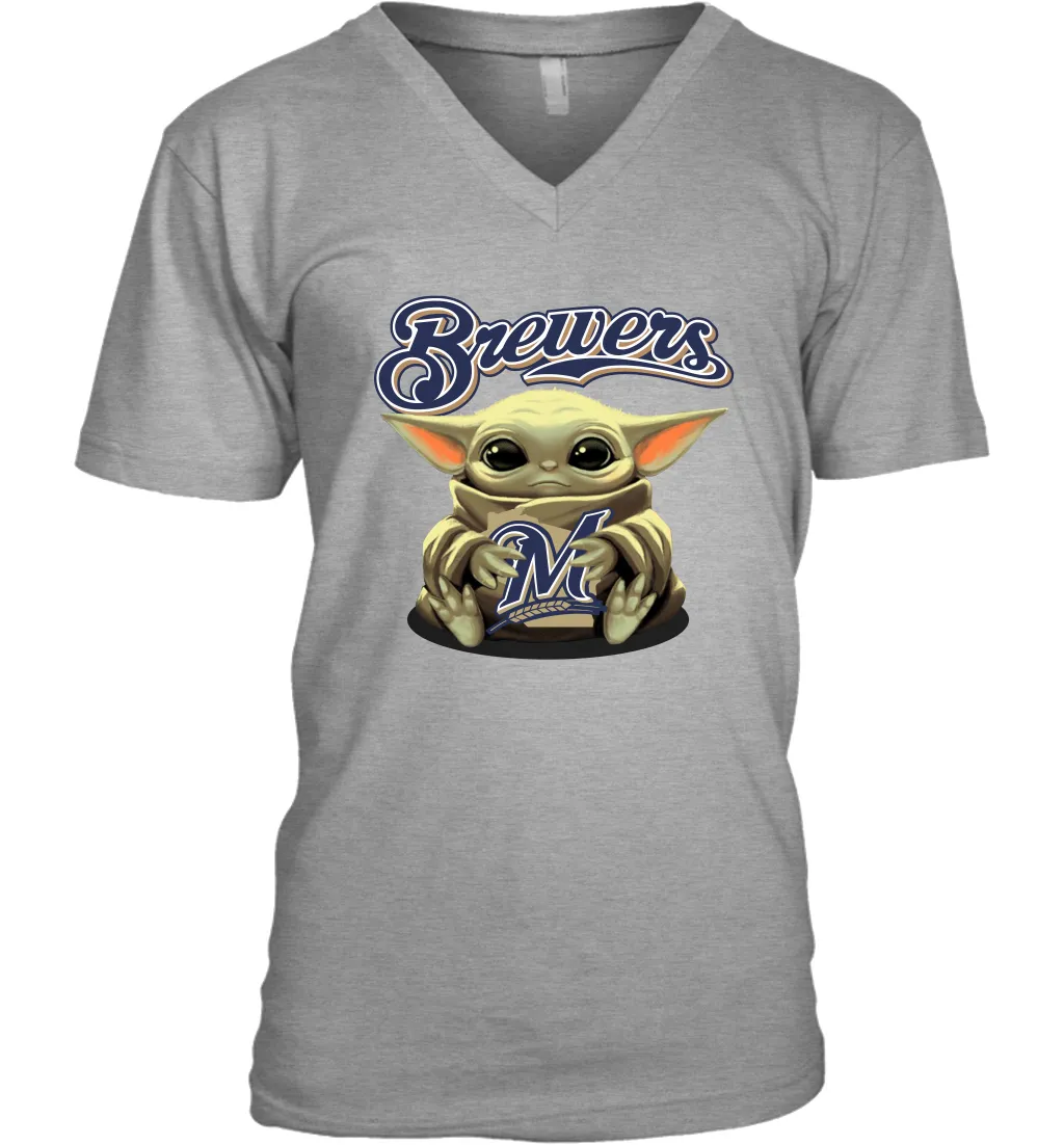 Baby Yoda Hugs Loves The Milwaukee Brewers Baseball Mens V-Neck T-Shirt