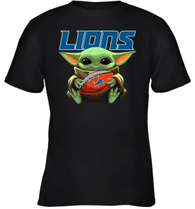 Baby Yoda Loves The Detroit Lions Star Wars Baby Yoda Hugs Lions NFL Youth T-Shirt