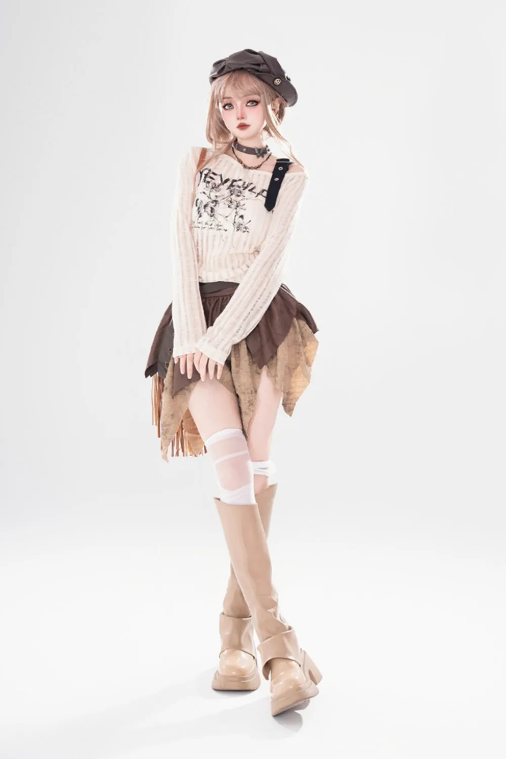 Bow-knot knitted thin cardigan with holes long-sleeve off-shoulder top