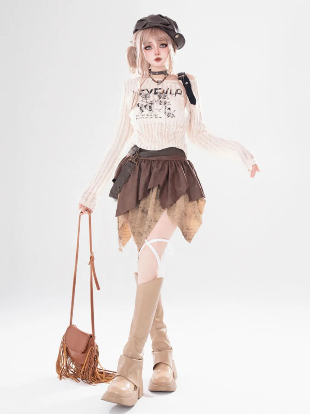 Bow-knot knitted thin cardigan with holes long-sleeve off-shoulder top