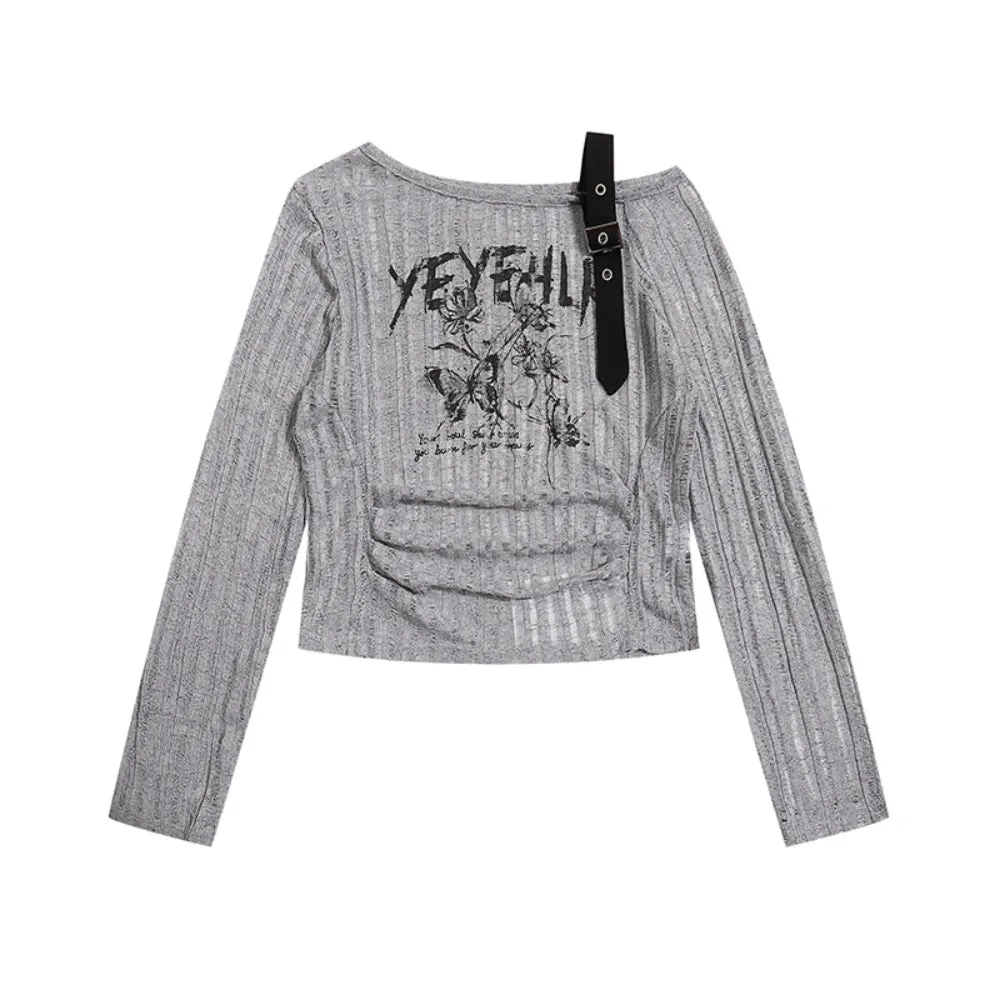Bow-knot knitted thin cardigan with holes long-sleeve off-shoulder top