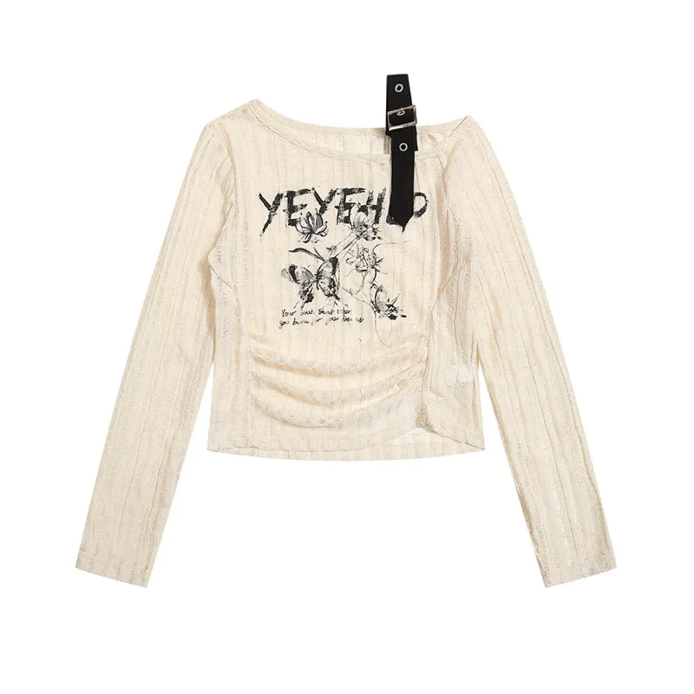 Bow-knot knitted thin cardigan with holes long-sleeve off-shoulder top