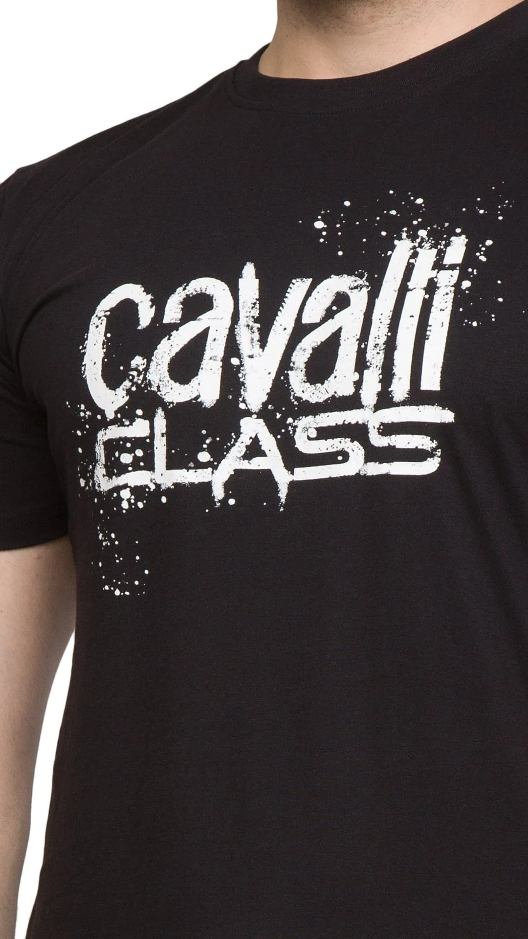 Cavalli Class Black Spray Print Signature Fashion T-Shirt -