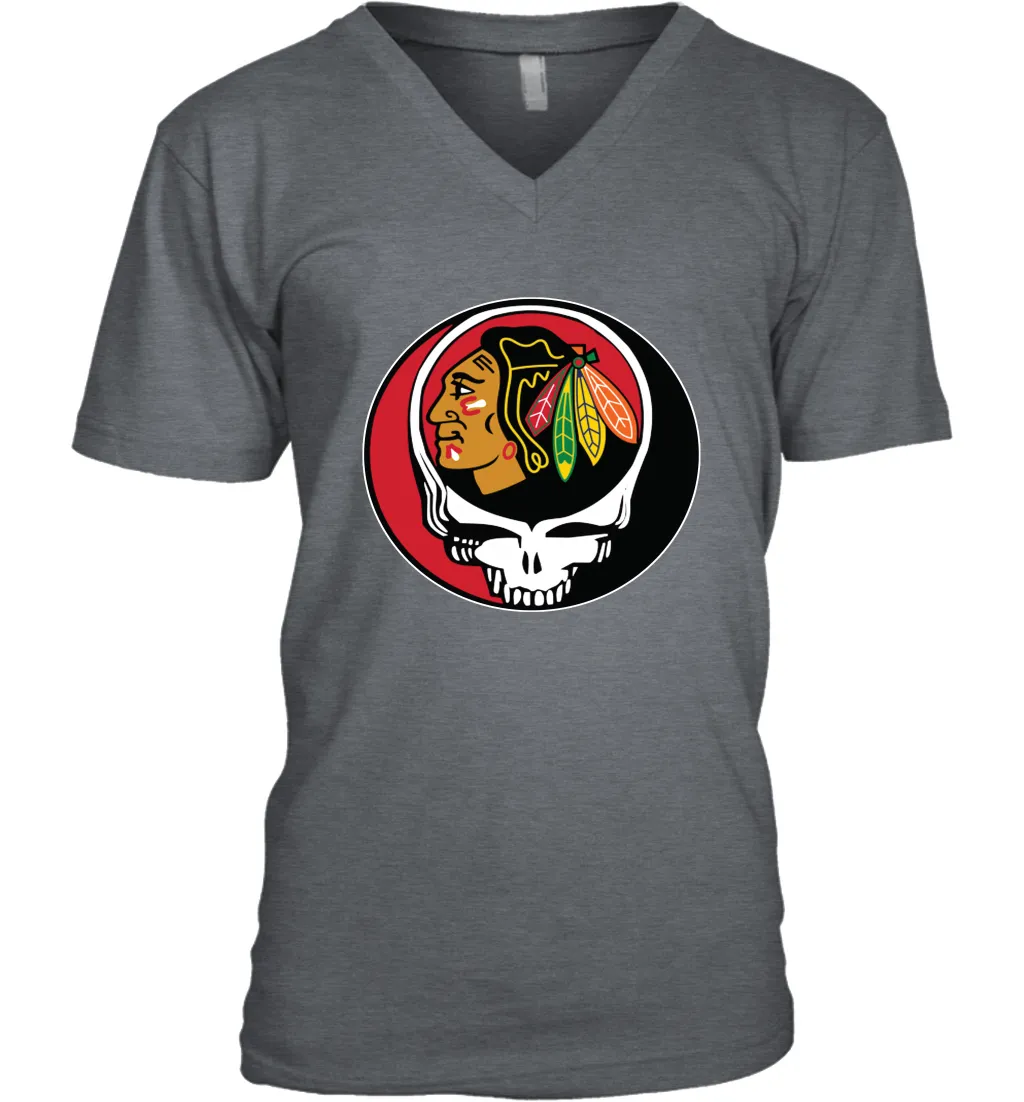 Chicago Blackhawks Grateful Dead Steal Your Face Hockey NHL Mens V-Neck T-Shirt