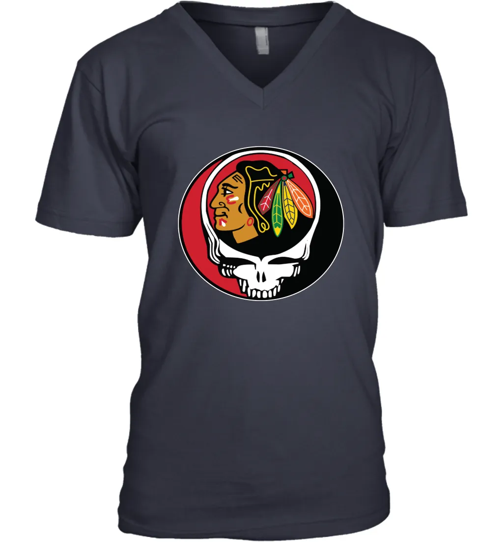 Chicago Blackhawks Grateful Dead Steal Your Face Hockey NHL Mens V-Neck T-Shirt