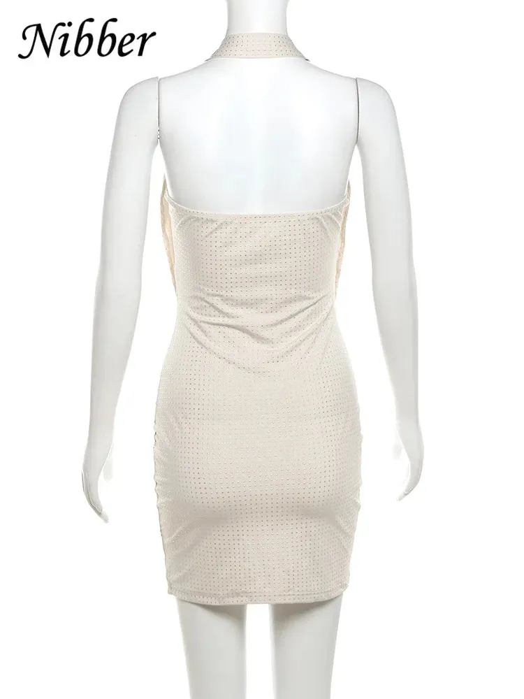 Diamond Pasted Solid Color Mini Dress Deep V-neck Strapless Plunge Bodycon Dress