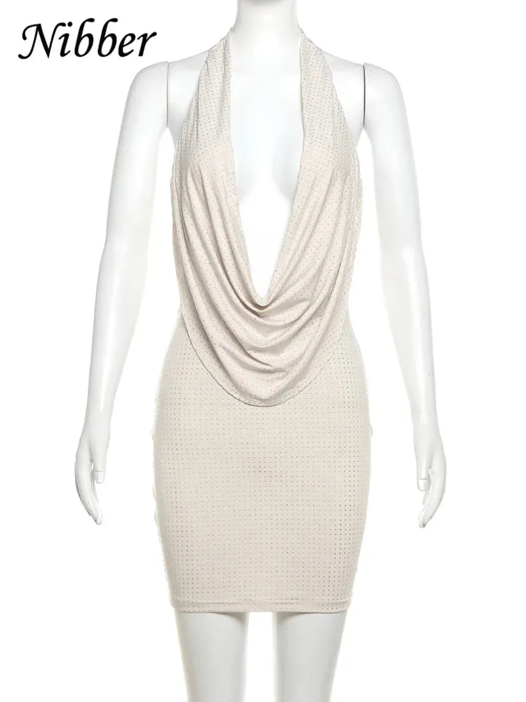 Diamond Pasted Solid Color Mini Dress Deep V-neck Strapless Plunge Bodycon Dress