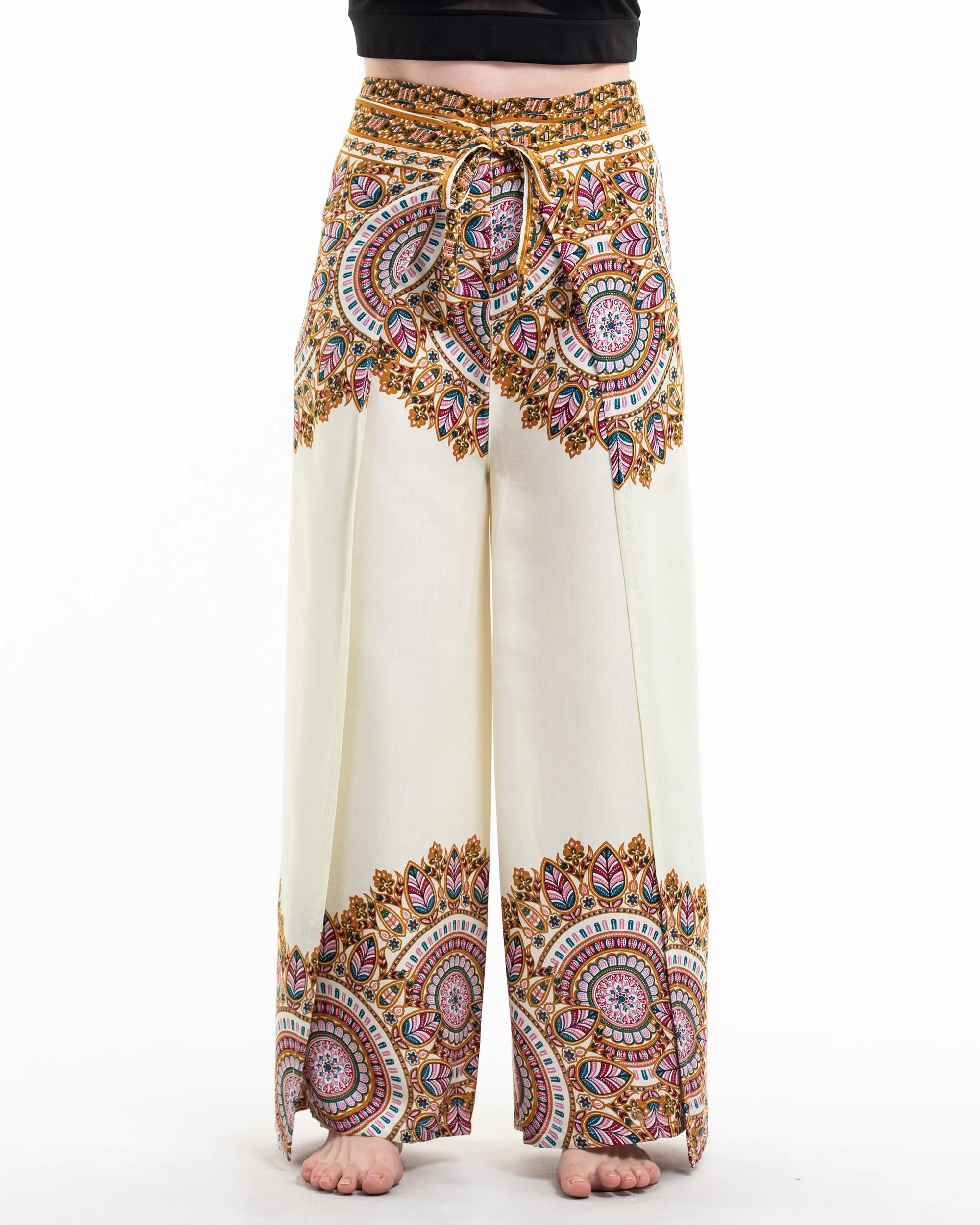 Feather Mandalas Wrap Palazzo Style Harem Pants in Cream