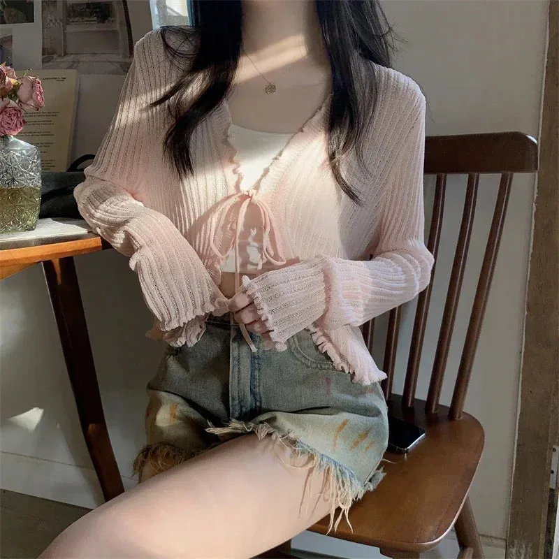 Getadme Black Tie Thin Knitted Cropped Cardigan Women Summer Korean Casual Lace Long Sleeve Short Outerwear 7 Colours