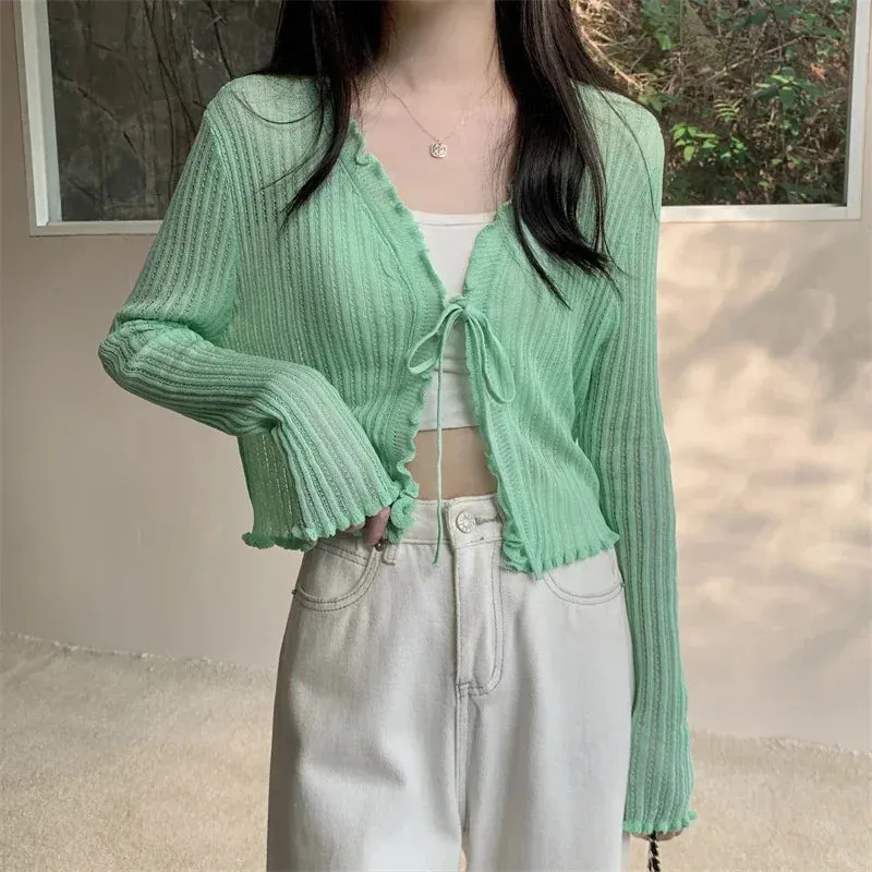 Getadme Black Tie Thin Knitted Cropped Cardigan Women Summer Korean Casual Lace Long Sleeve Short Outerwear 7 Colours