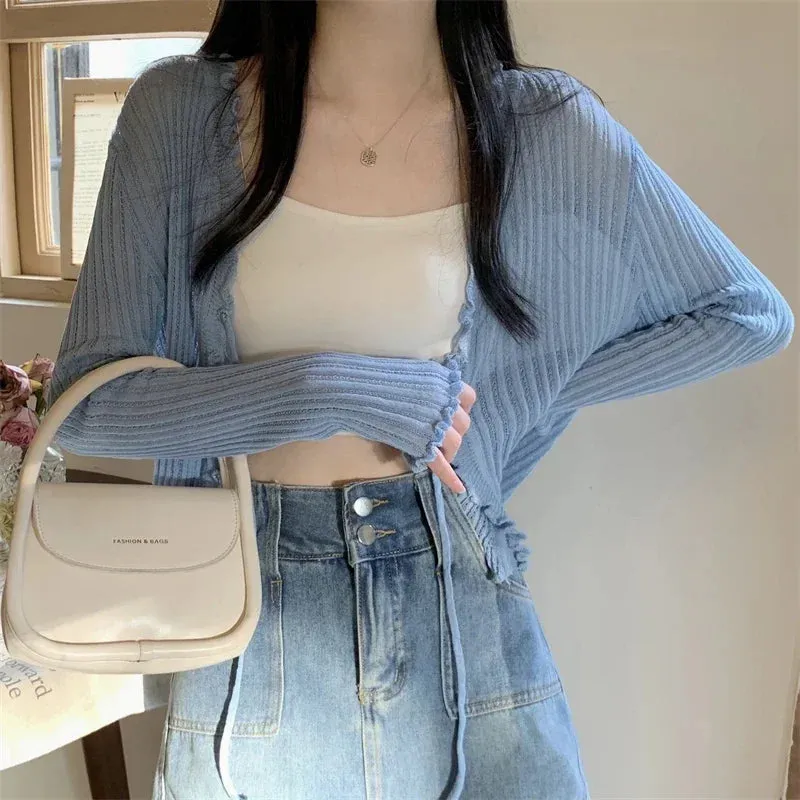 Getadme Black Tie Thin Knitted Cropped Cardigan Women Summer Korean Casual Lace Long Sleeve Short Outerwear 7 Colours