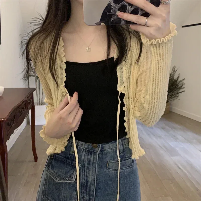 Getadme Black Tie Thin Knitted Cropped Cardigan Women Summer Korean Casual Lace Long Sleeve Short Outerwear 7 Colours