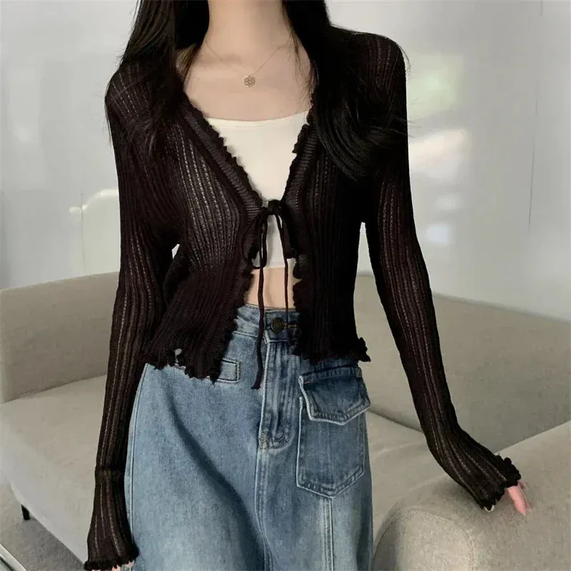 Getadme Black Tie Thin Knitted Cropped Cardigan Women Summer Korean Casual Lace Long Sleeve Short Outerwear 7 Colours