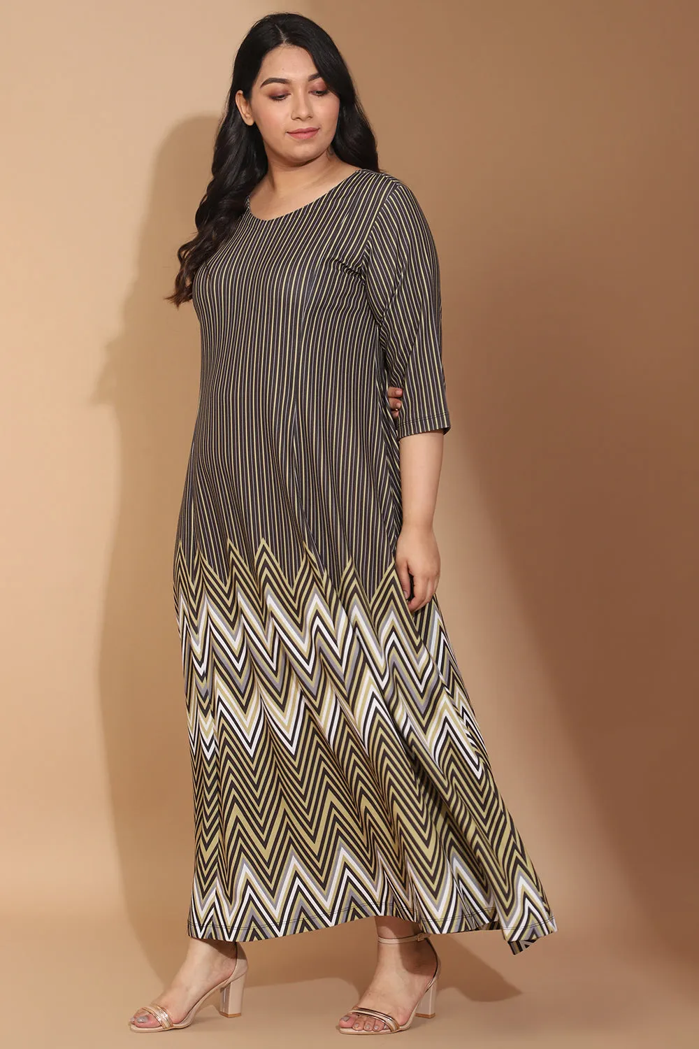 Sure! Here’s an optimized title for the product:

Elegant Green Chevron Melody Printed Maxi Dress for Effortless Style