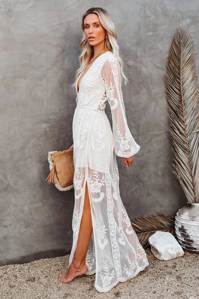 Lace long sleeve V-neck solid color dress