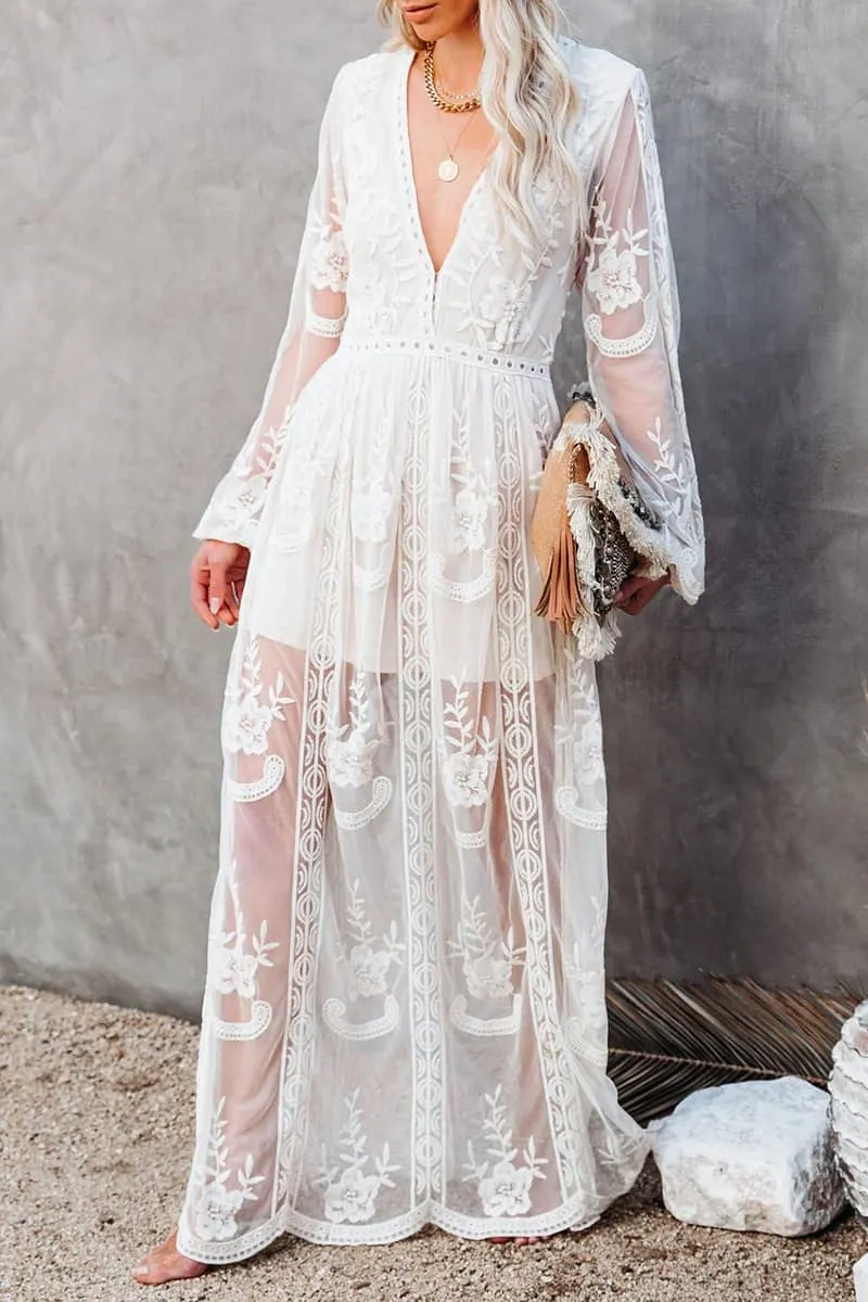 Lace long sleeve V-neck solid color dress