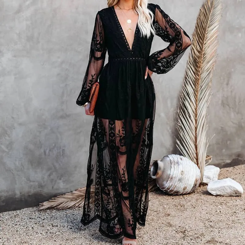 Lace long sleeve V-neck solid color dress