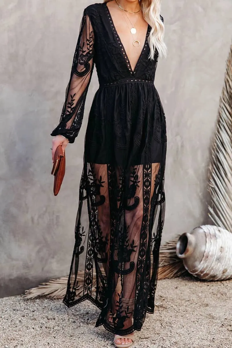 Lace long sleeve V-neck solid color dress