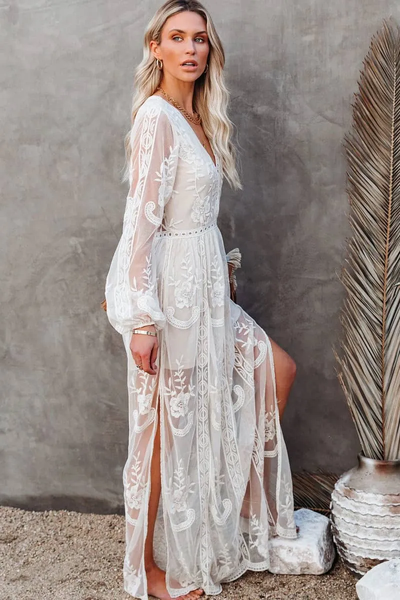Lace long sleeve V-neck solid color dress