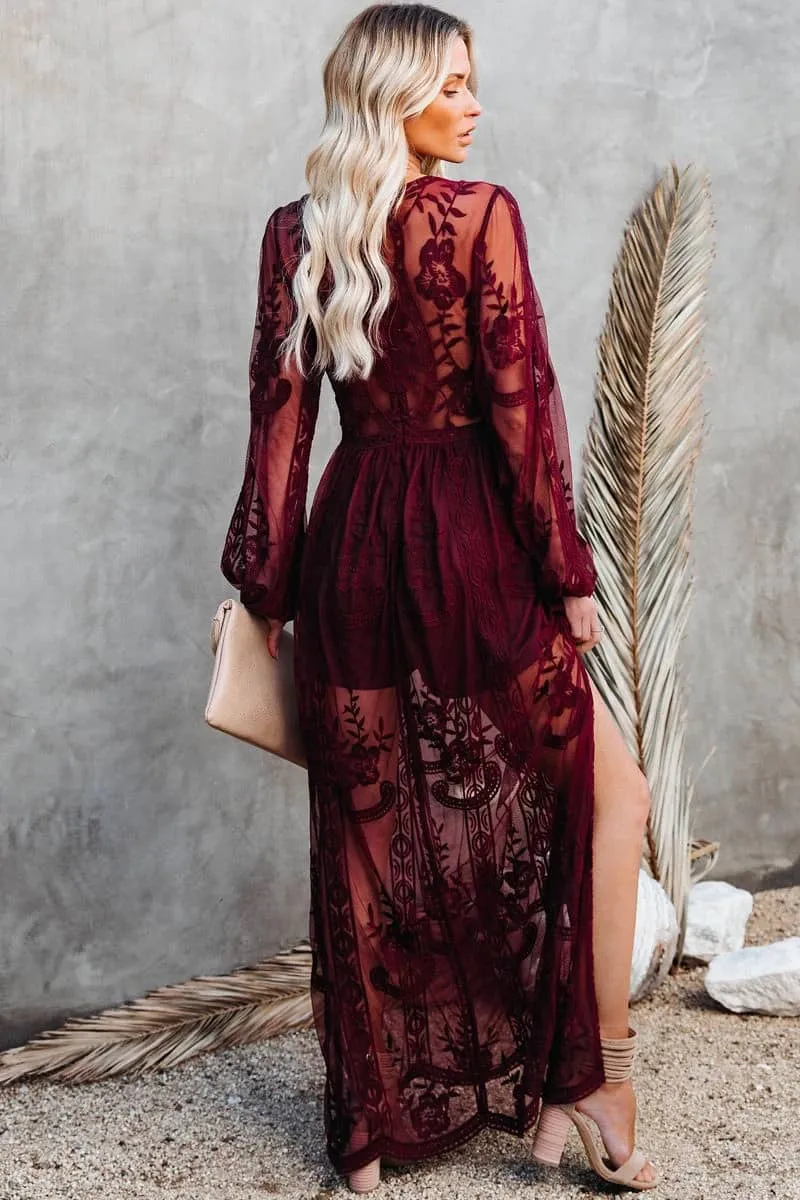 Lace long sleeve V-neck solid color dress