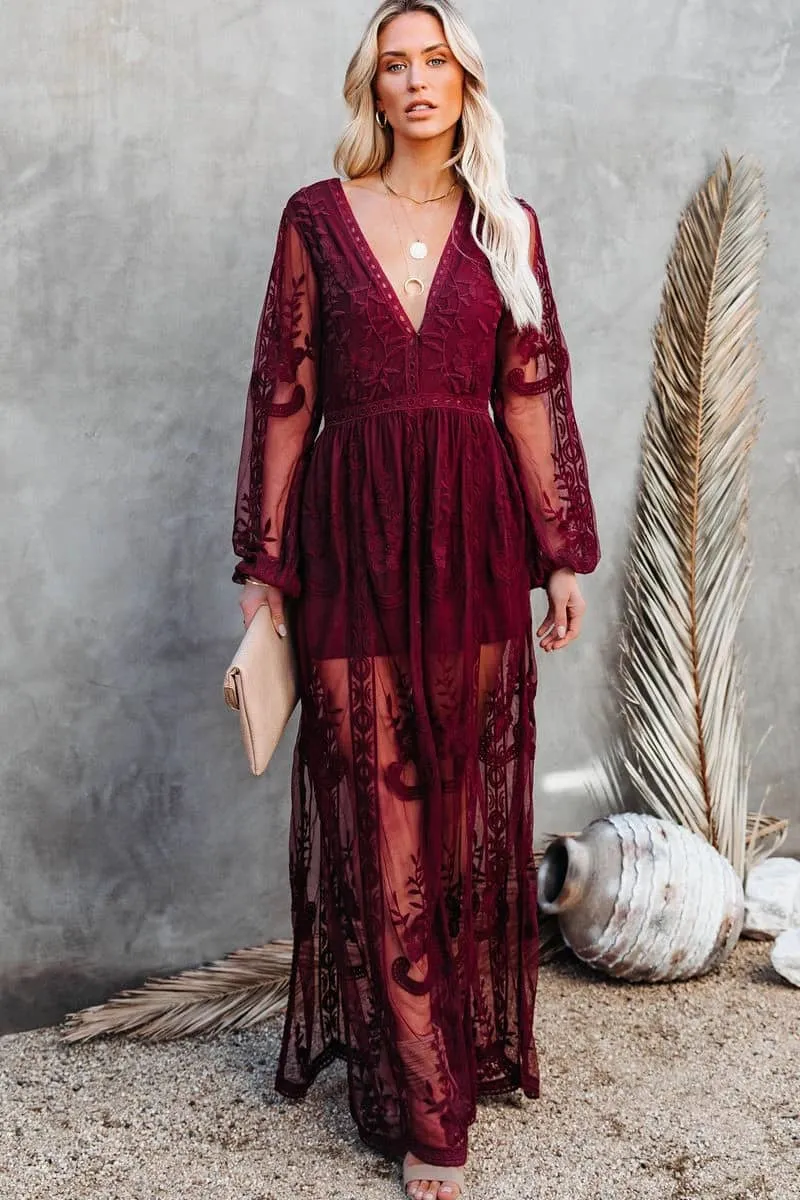 Lace long sleeve V-neck solid color dress