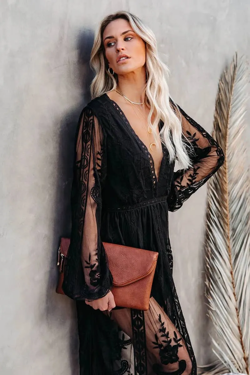 Lace long sleeve V-neck solid color dress