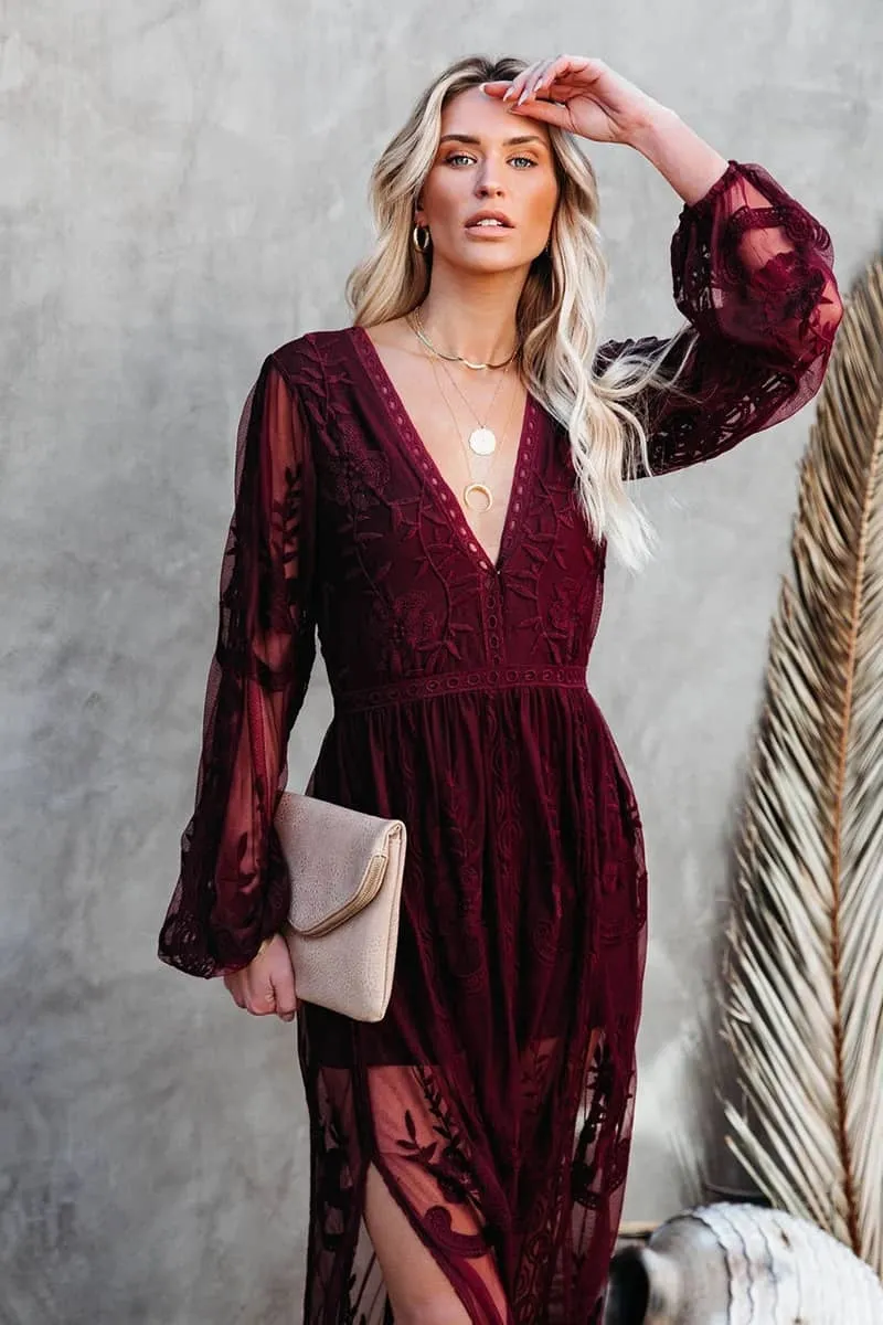 Lace long sleeve V-neck solid color dress