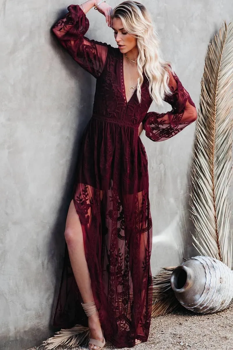 Lace long sleeve V-neck solid color dress