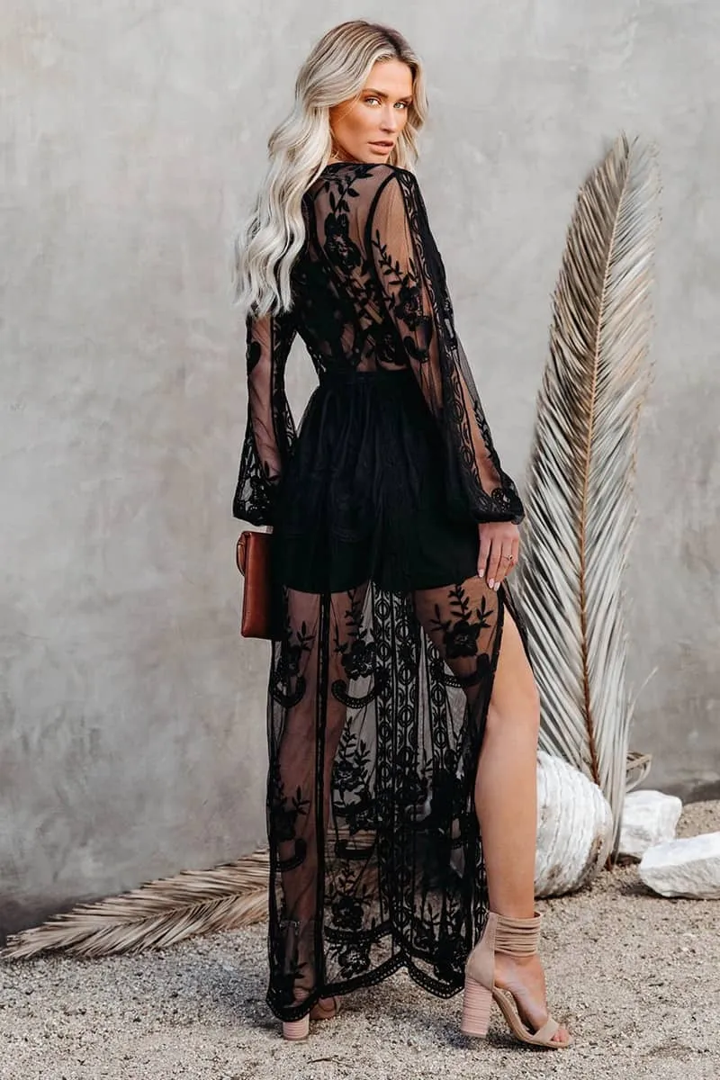 Lace long sleeve V-neck solid color dress