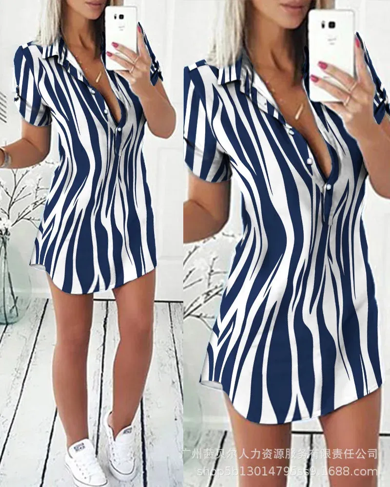 LVSANW 2024 Fashion Women Striped Colorblock Patchwork Buttoned Shirt Dress Casual Turn Down Collar Button Mini Shirt Dress Clothings
