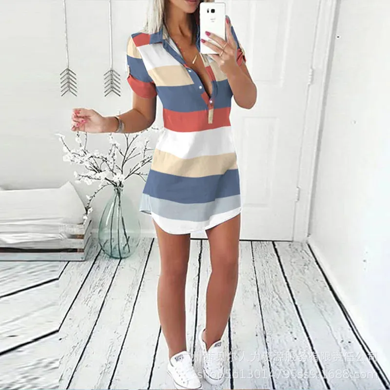 LVSANW 2024 Fashion Women Striped Colorblock Patchwork Buttoned Shirt Dress Casual Turn Down Collar Button Mini Shirt Dress Clothings