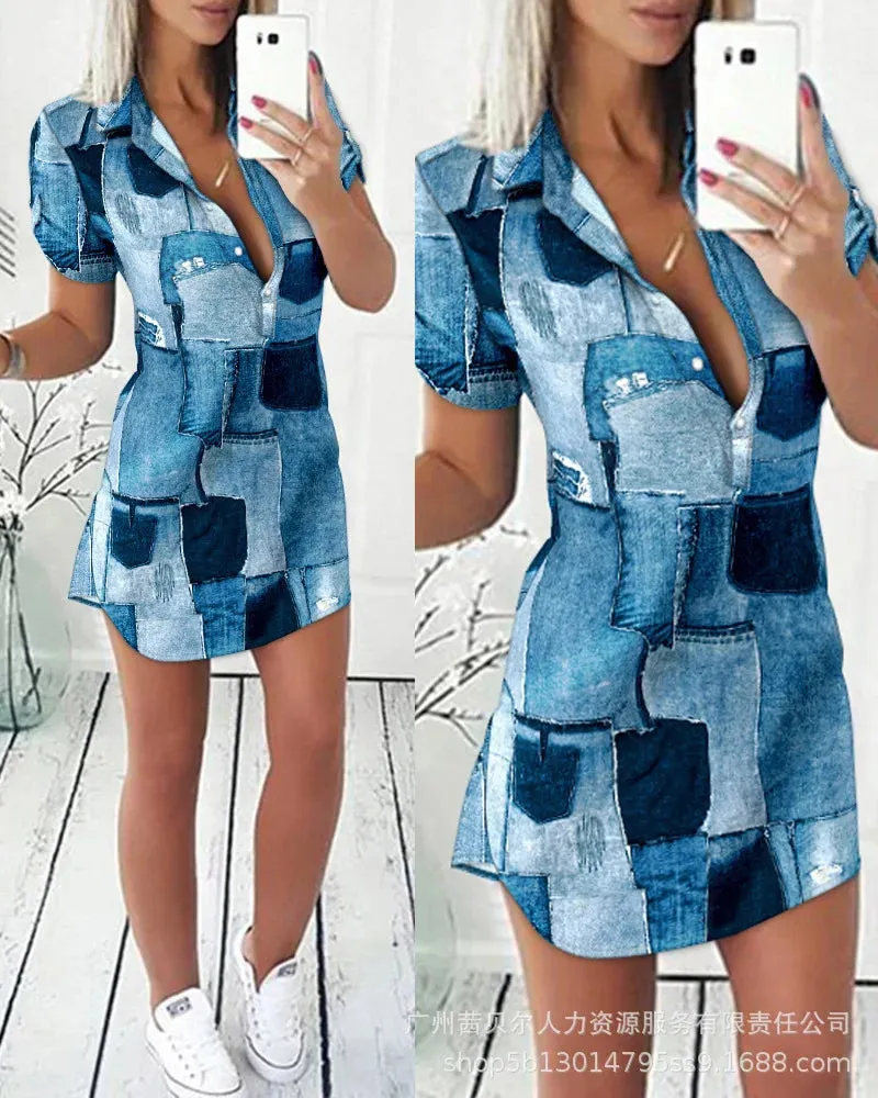 LVSANW 2024 Fashion Women Striped Colorblock Patchwork Buttoned Shirt Dress Casual Turn Down Collar Button Mini Shirt Dress Clothings