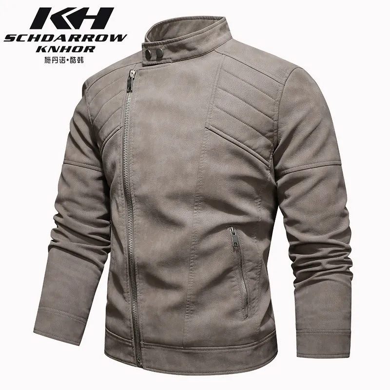 Men's PU Leather Jacket Padded Lapel Oblique Lapel Zipper Korean Stand-up Collar Jacket Blazer | KH-138