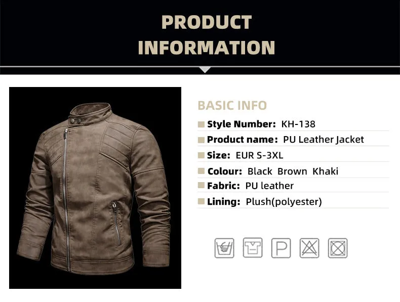 Men's PU Leather Jacket Padded Lapel Oblique Lapel Zipper Korean Stand-up Collar Jacket Blazer | KH-138