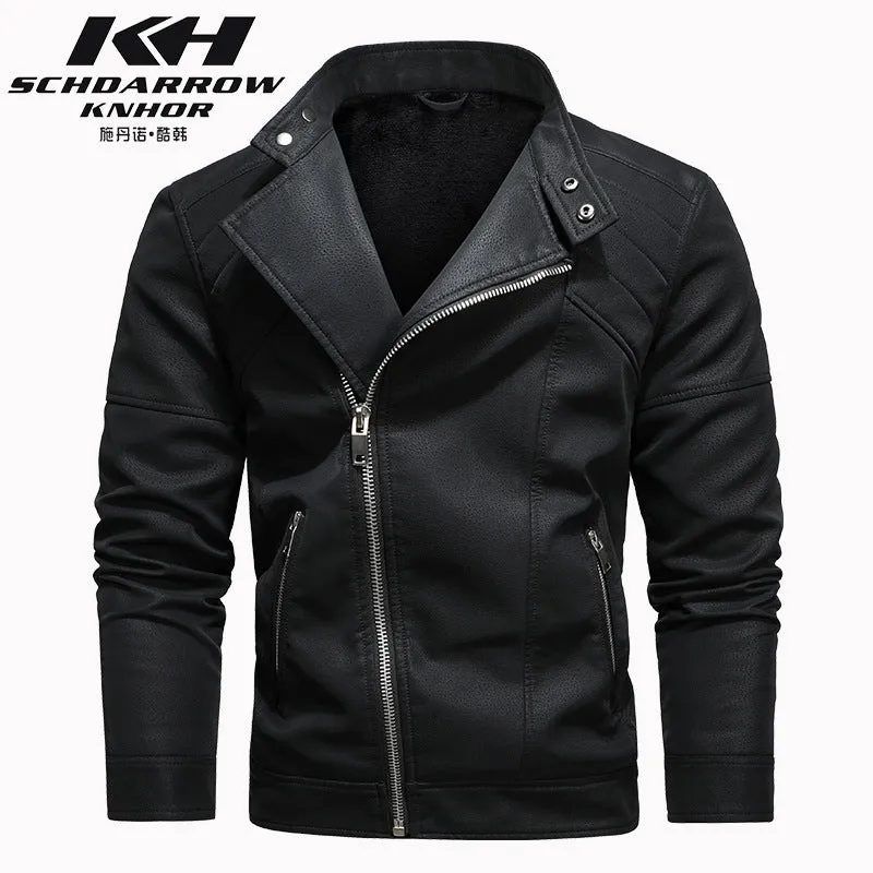 Men's PU Leather Jacket Padded Lapel Oblique Lapel Zipper Korean Stand-up Collar Jacket Blazer | KH-138