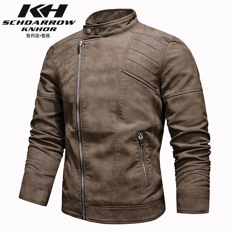 Men's PU Leather Jacket Padded Lapel Oblique Lapel Zipper Korean Stand-up Collar Jacket Blazer | KH-138