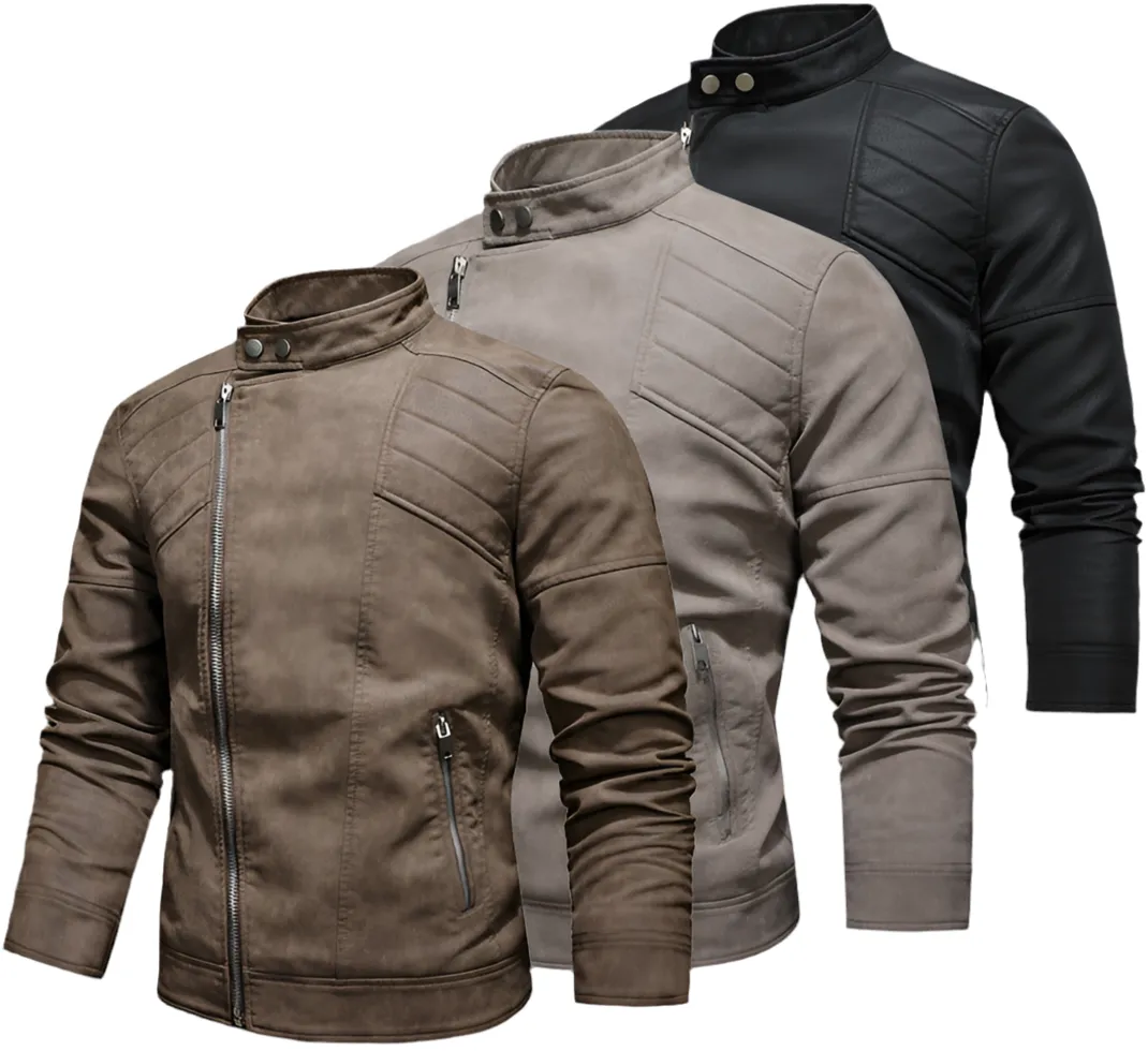 Men's PU Leather Jacket Padded Lapel Oblique Lapel Zipper Korean Stand-up Collar Jacket Blazer | KH-138