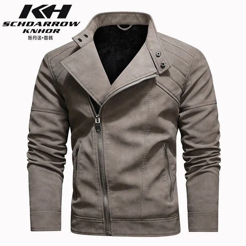 Men's PU Leather Jacket Padded Lapel Oblique Lapel Zipper Korean Stand-up Collar Jacket Blazer | KH-138